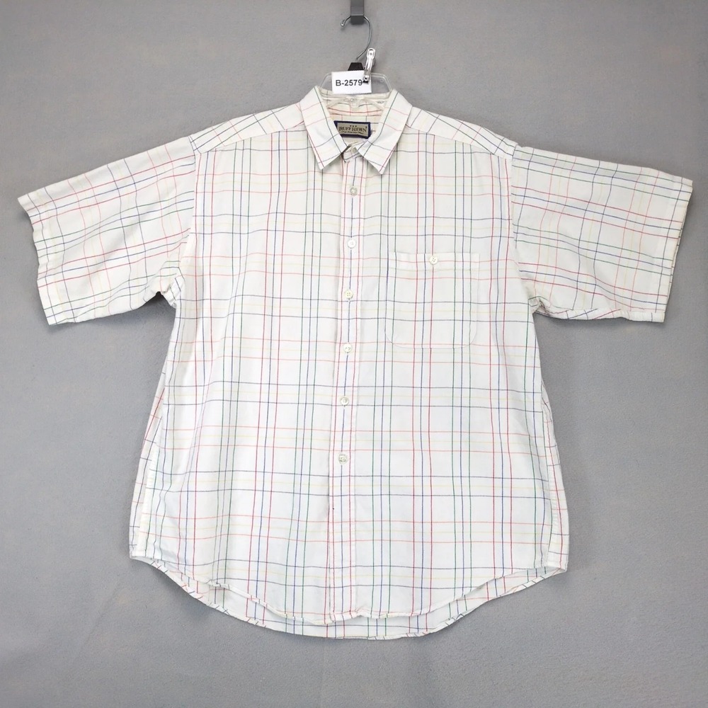 Vintage 90s Ruff Hewn White Rainbow Windowpane Button Shirt Mens XL Short Sleeve